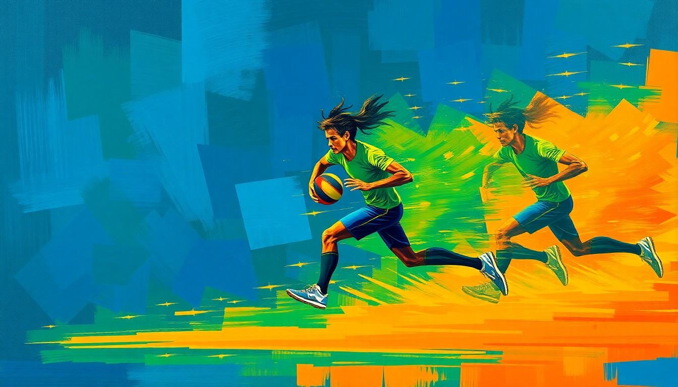 A dynamic, abstract painting with overlapping geometric shapes in shades of blue, green, and orange, conceptually representing the heated debate over a sports eligibility ballot measure.