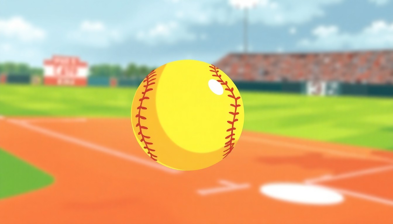 A close-up illustration of a softball in mid-flight, surrounded by a blurred background of a softball diamond, with a warm, vibrant color palette evoking the energy and excitement of a close college softball game.