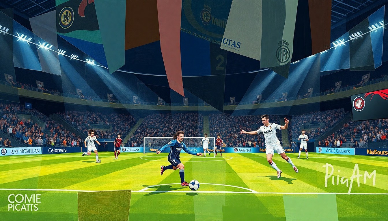 A fractured, multi-perspective painting depicting a soccer match, with the players and field broken down into sharp, overlapping geometric shapes and planes in a cubist style.
