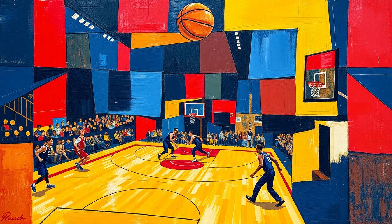 A cubist, geometric painting depicting a fragmented basketball game, with overlapping planes of navy, red, and yellow conveying the disruption and adaptability required when a referee is injured.