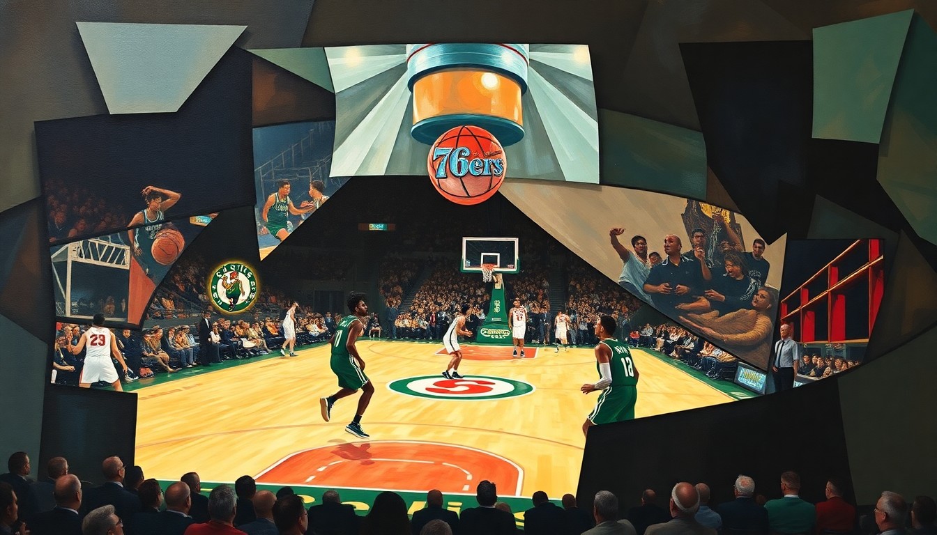 A cubist, geometric painting depicting an abstract basketball game between the Boston Celtics and Philadelphia 76ers, with the players' forms broken down into sharp, overlapping shapes and the court and arena fading into the background.