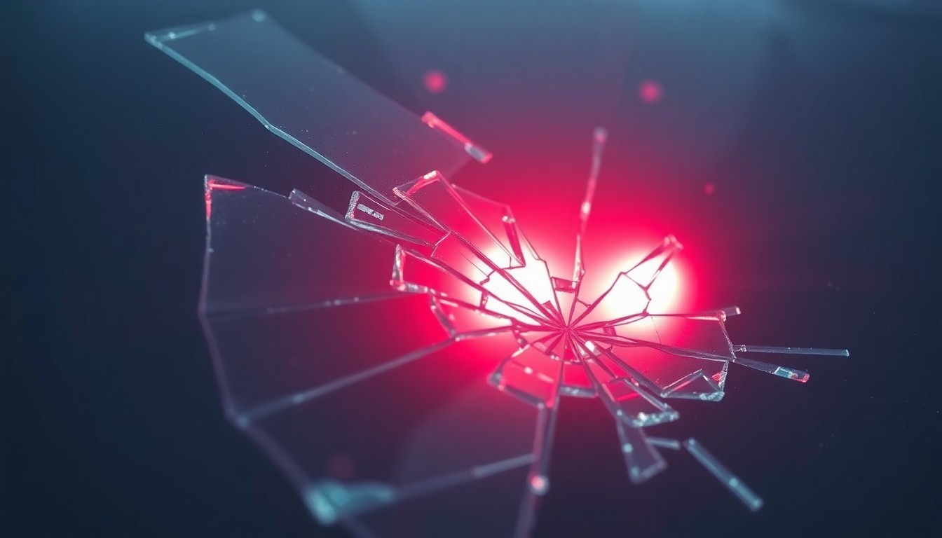 An extreme close-up photograph of shattered car glass, the jagged edges reflecting a faint red light, conceptually representing the devastating impact of a fatal high-speed collision.