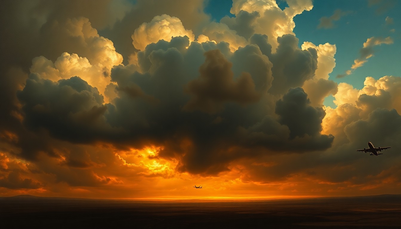 A sweeping, atmospheric landscape painting in muted tones of grey, blue, and gold, with a single commercial airliner silhouetted against a turbulent, cloud-filled sky, conveying the overwhelming scale and power of nature in contrast with the fragility of human structures below.