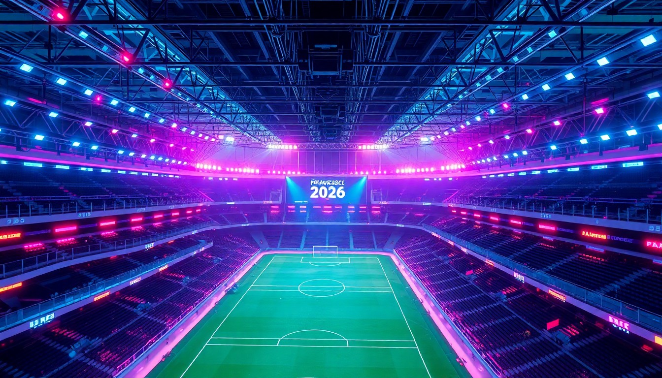 A highly detailed, glowing 3D illustration of a futuristic soccer stadium infrastructure, with neon cyan and magenta lights highlighting the advanced network cables, antennas, and digital components that enable the connected fan experience at the FIFA World Cup 2026.