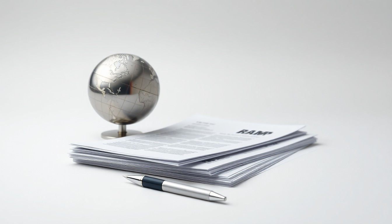 A high-end, photorealistic studio still-life photograph featuring a polished metal globe, a stack of financial documents, and a pen resting on a clean, monochromatic background, conceptually representing the global reach and financial expertise of the World Bank Group's RAMP partnership.