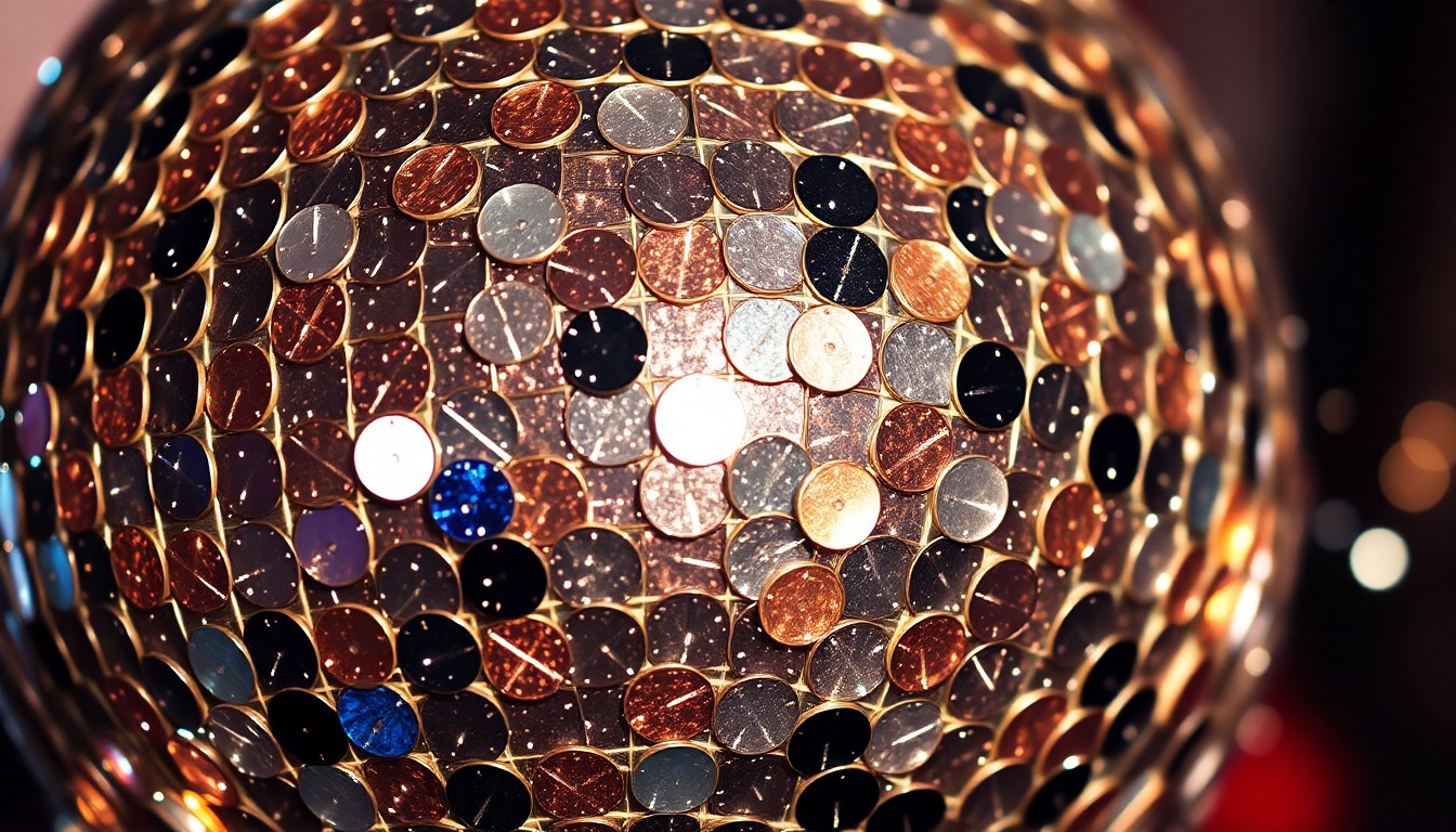 An extreme close-up photograph of shimmering sequins and shattered disco ball fragments, capturing the luxurious textures and dramatic lighting associated with celebrity culture.