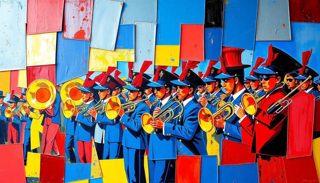 A cubist, geometric painting depicting a marching band performance broken down into overlapping planes of vivid blue, red, and yellow, capturing the energy and artistry of the WGI World Championships.