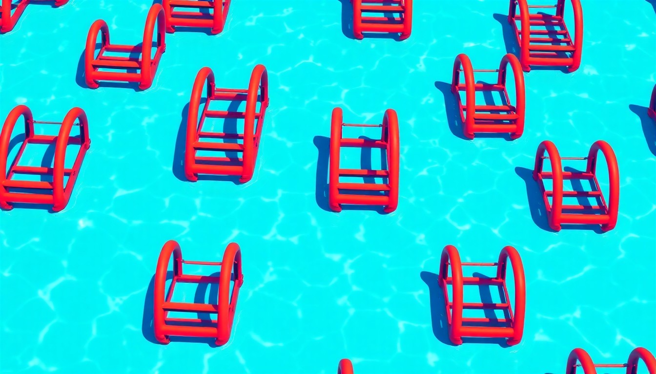A highly stylized, abstract image composed of repeating neon-colored silkscreen prints of a swimming pool ladder, conceptually representing the community effort to revitalize the Hamilton City Pool.
