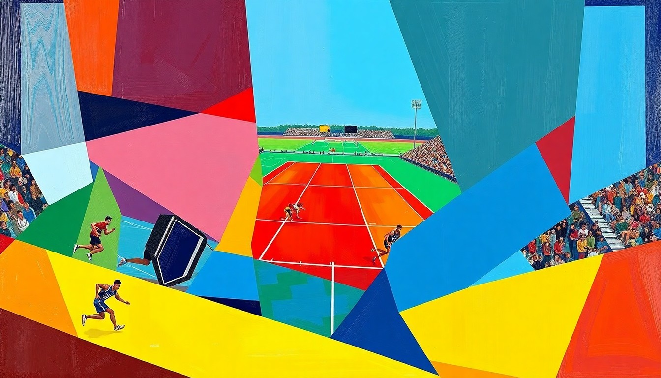 A fragmented, geometric painting in bold primary colors depicting the dynamic movements and competition of a high school track and field event.