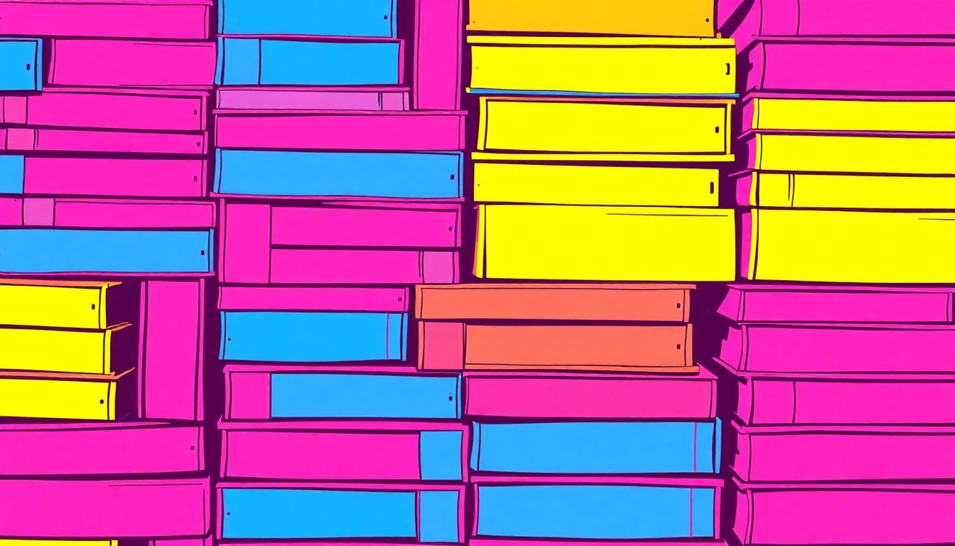 A bold, colorful silkscreen-style illustration featuring a repeating pattern of stacked academic textbooks in vibrant neon hues, conceptually representing the academic achievements of Hamilton High School's UIL team.