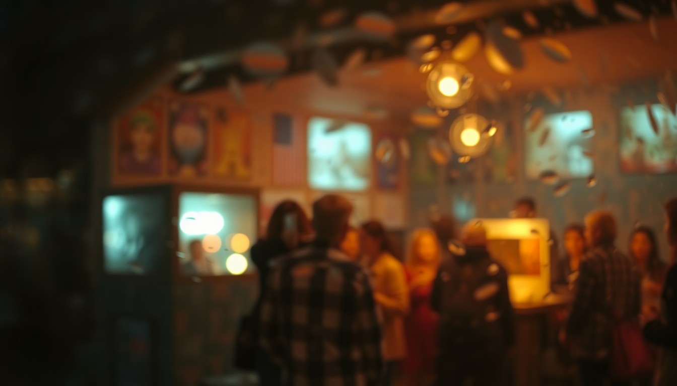 An abstract, impressionistic photograph of people gathered in a softly lit indoor space, their forms and faces blurred into pools of warm color and light, conveying a sense of community and remembrance.