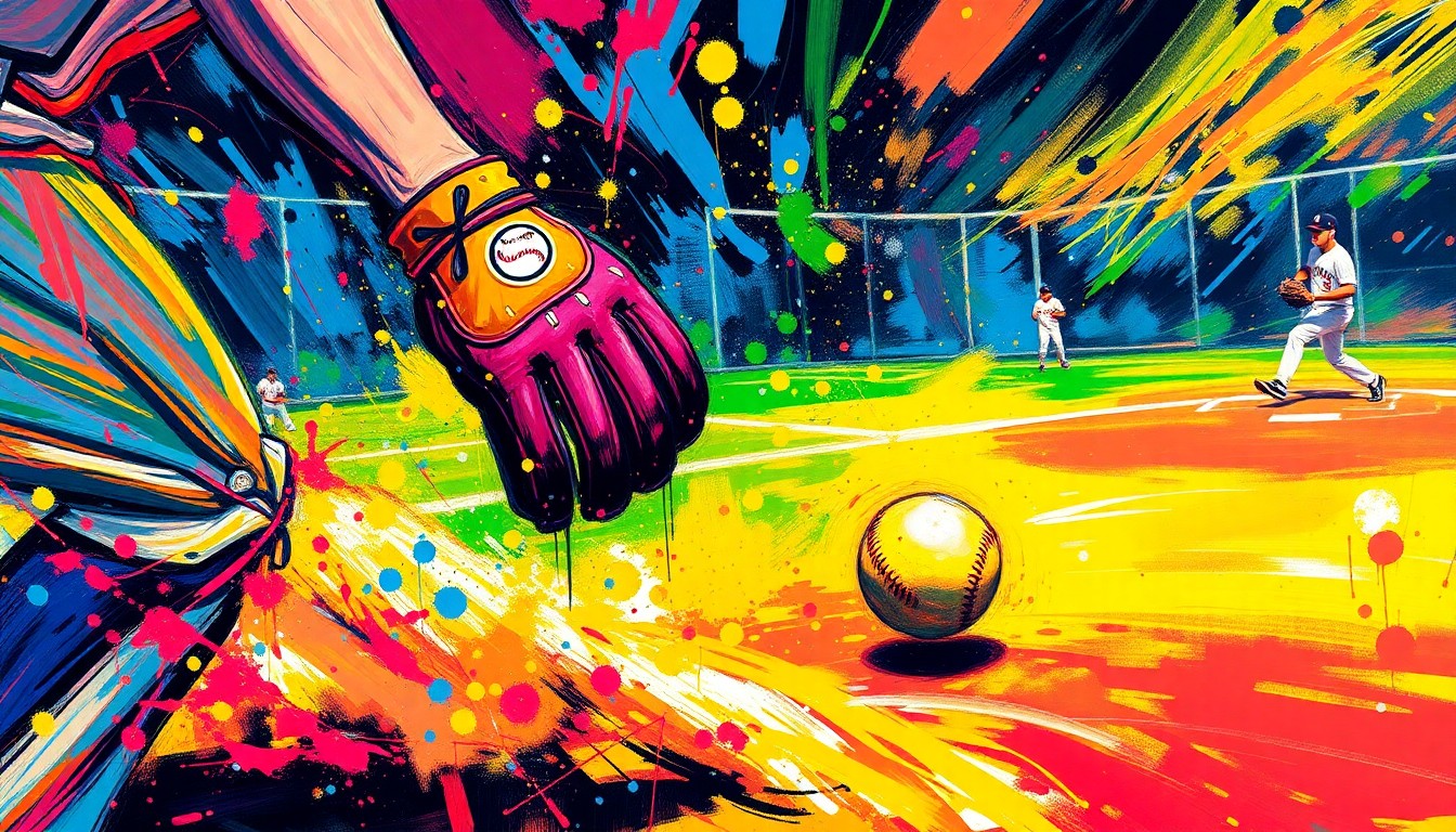 An abstract expressionist painting in neon colors depicting the dynamic motion and energy of a softball game, with the catcher's glove and pitcher's windup blending into vibrant brushstrokes.