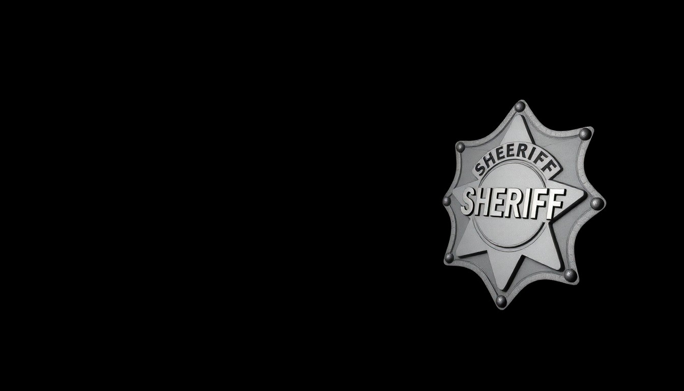 An extreme close-up of a sheriff's badge, the metal surface reflecting the harsh light of the camera flash, creating a stark, gritty, investigative aesthetic that conceptually represents the serious allegations against the sheriff.
