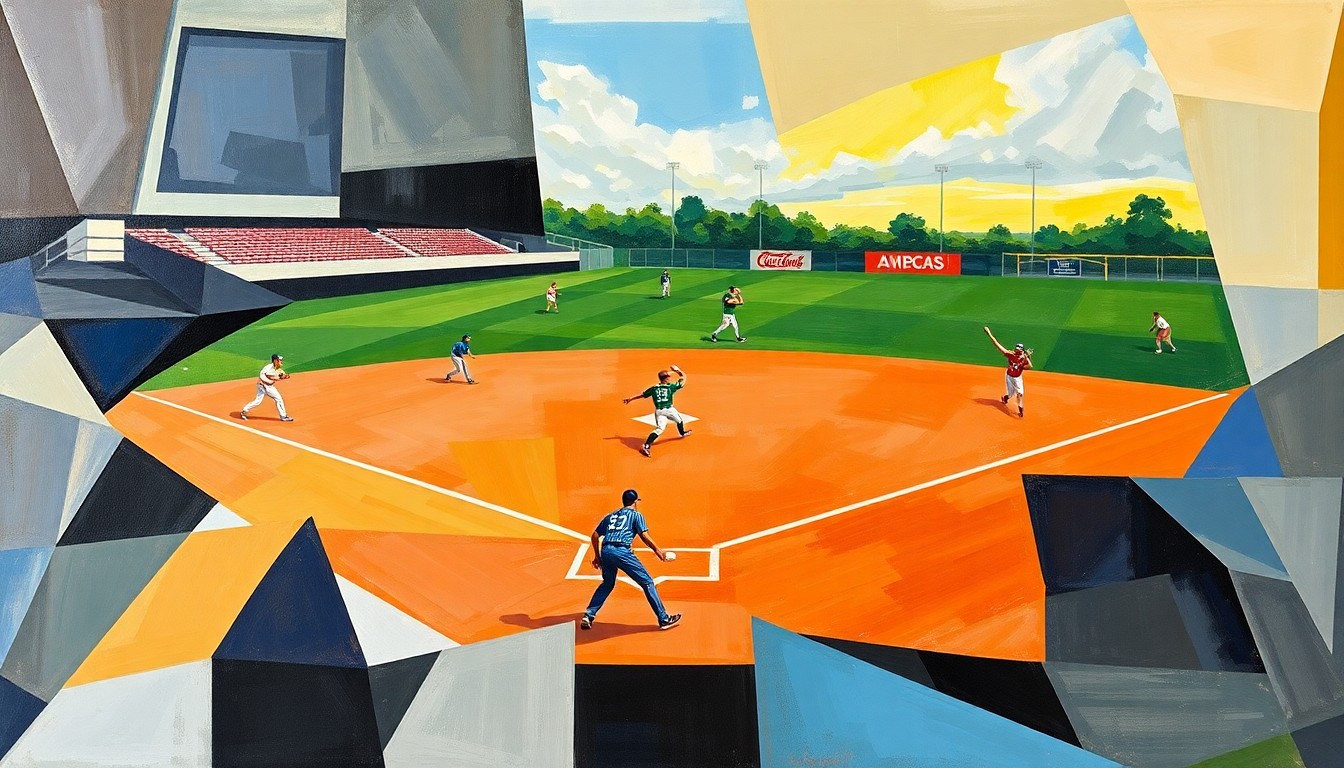 A cubist, geometric painting depicting the abstract shapes and planes of a high school baseball game, with players' movements and the field of play fractured into overlapping planes of bright colors.