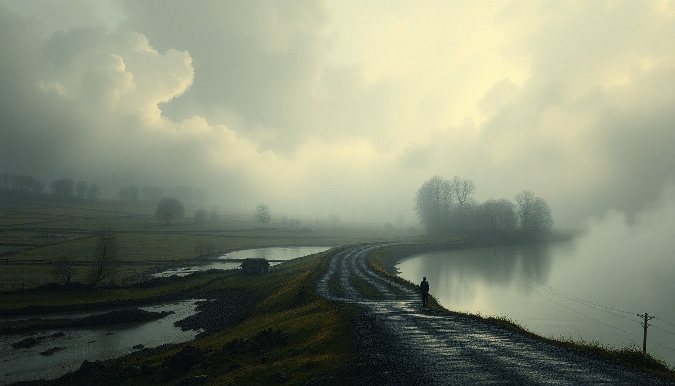 A vast, atmospheric landscape painting in muted tones of grey, blue, and green, depicting a winding rural road partially submerged in floodwaters, with the surrounding countryside shrouded in heavy fog that dwarfs the damaged infrastructure, conveying the overwhelming power of the natural disaster.