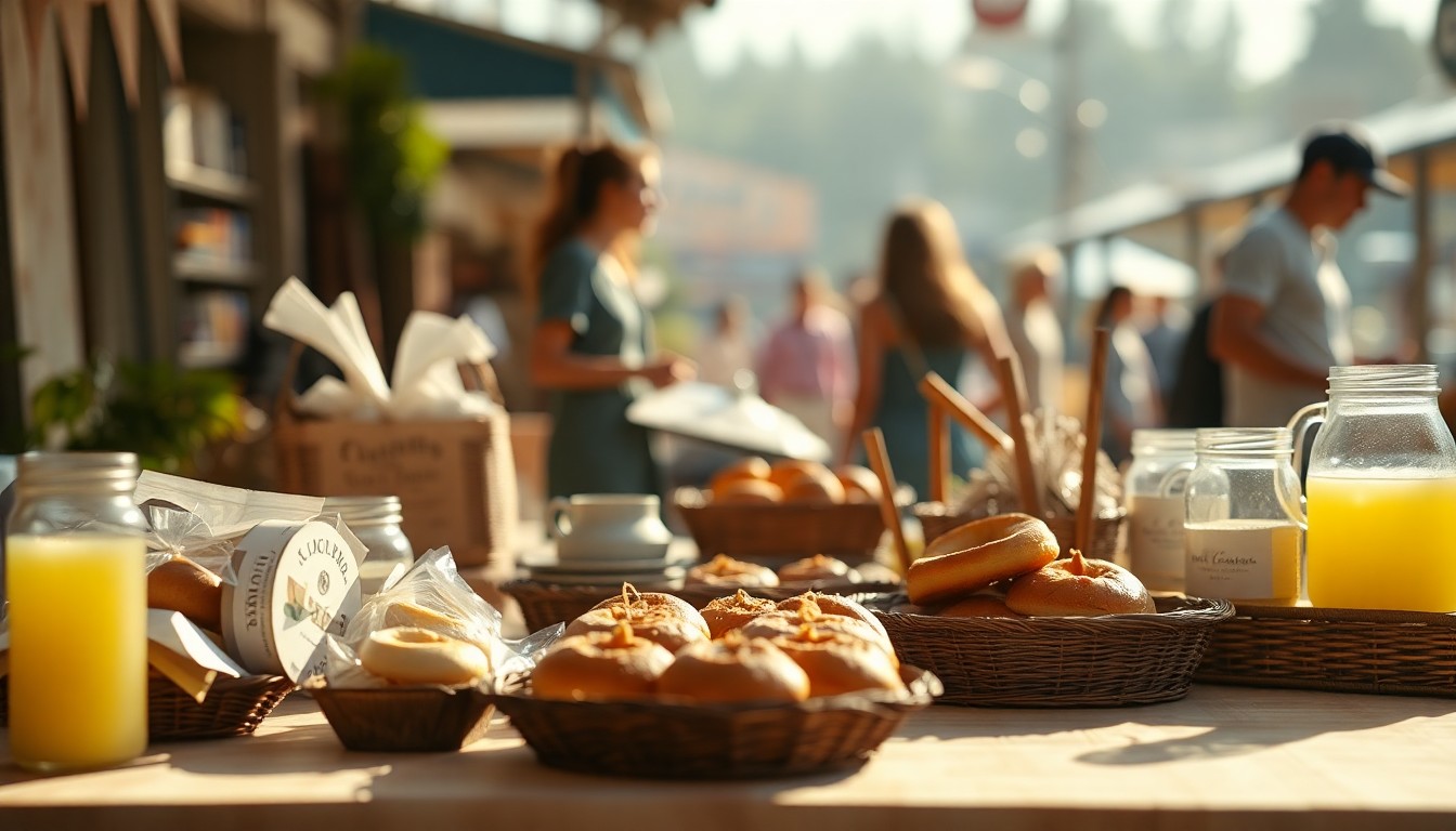 An abstract, out-of-focus photograph in warm, hazy tones depicting a table covered in homemade baked goods, lemonade, and other lifestyle items, with the blurred silhouettes of shoppers in the background, conceptually representing the joyful energy and community spirit of a local garage sale.