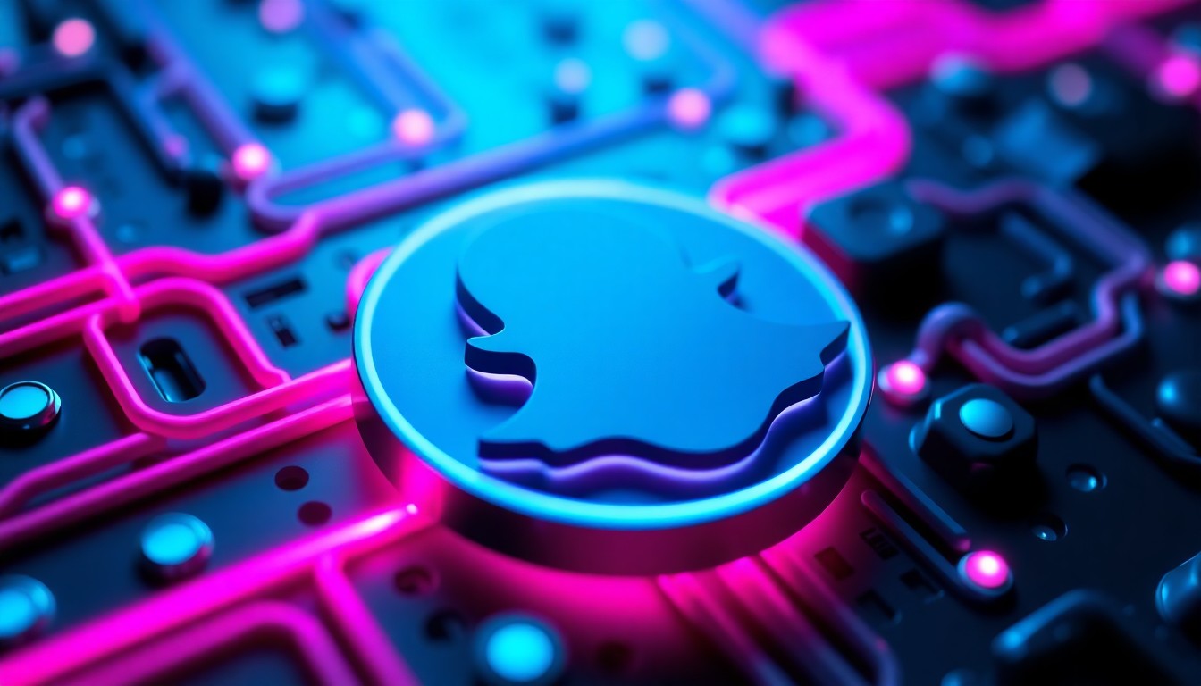 A highly detailed, glowing 3D illustration of Snapchat's digital infrastructure, with neon cyan and magenta lights illuminating the various components, conceptually representing the company's technological transformation.