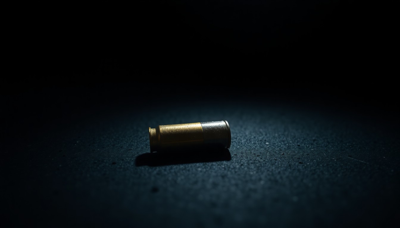 An extreme close-up of a single spent bullet casing on a dark, textured surface, lit by a harsh, direct camera flash, conceptually representing the investigative nature of this crime story.