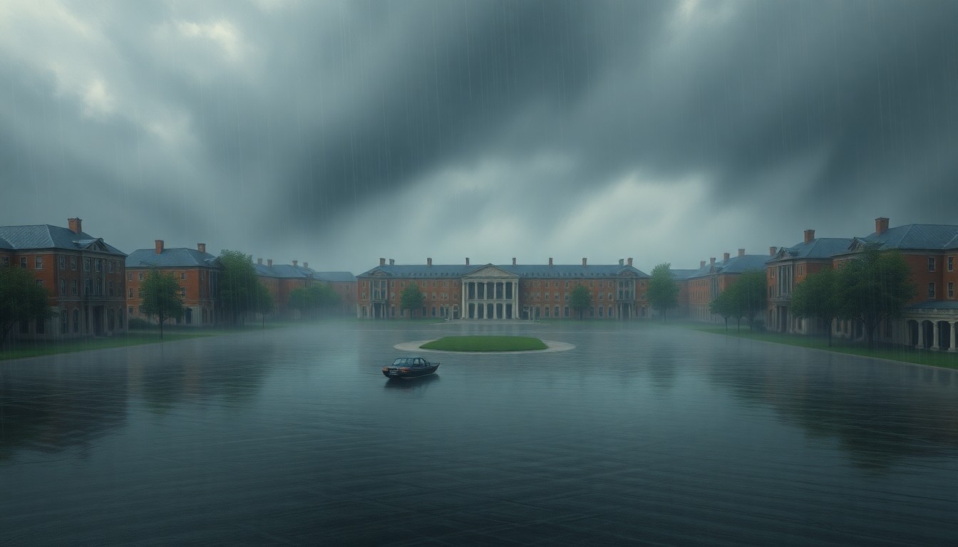 A sweeping, atmospheric landscape painting depicting a flooded campus quad at Marquette University, with the natural elements of heavy rain and mist overwhelming the physical structures and conveying the raw power of the storm.