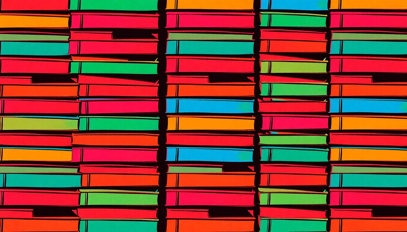 A bold, colorful silkscreen print depicting a repeating pattern of stacked textbooks in vibrant neon hues, conceptually representing the financial challenges facing the Los Angeles Unified School District as it works to fund new labor agreements.