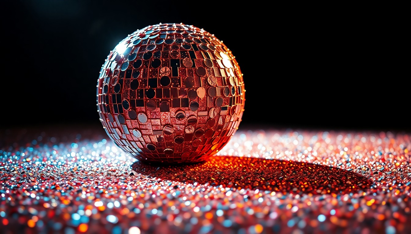 An abstract close-up image of shimmering sequins and glittering disco glass, capturing the glamour and enduring legacy of a beloved television star.