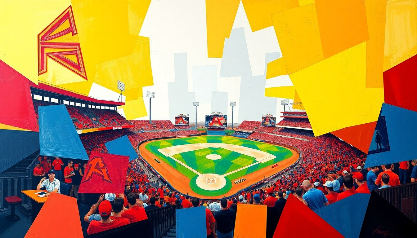 A cubist, geometric painting depicting an Arkansas State baseball game, with sharp, overlapping planes of red, blue, and gold representing the team's colors and dynamic play on the field.
