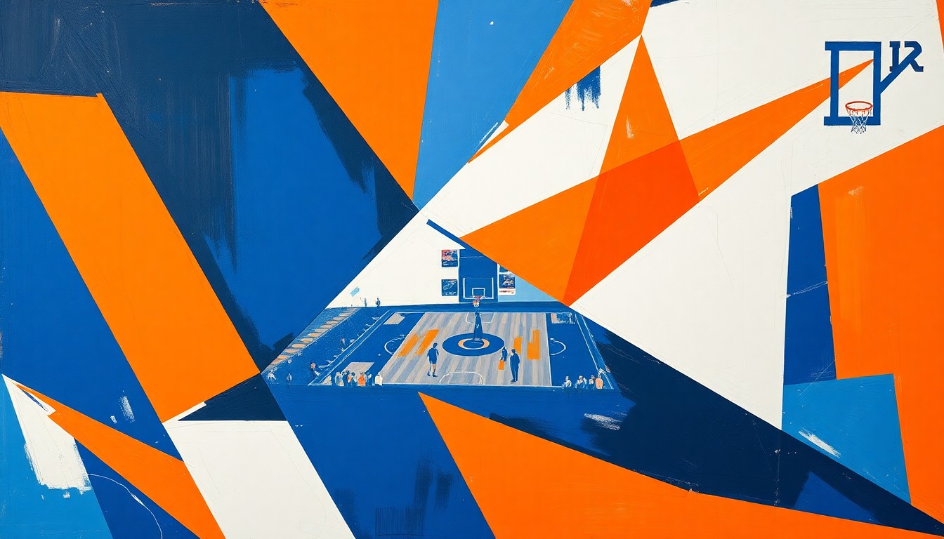 A cubist, geometric painting depicting an Illinois basketball player in motion, with the player's form fractured and abstracted into overlapping planes of vivid blue, orange, and white colors.