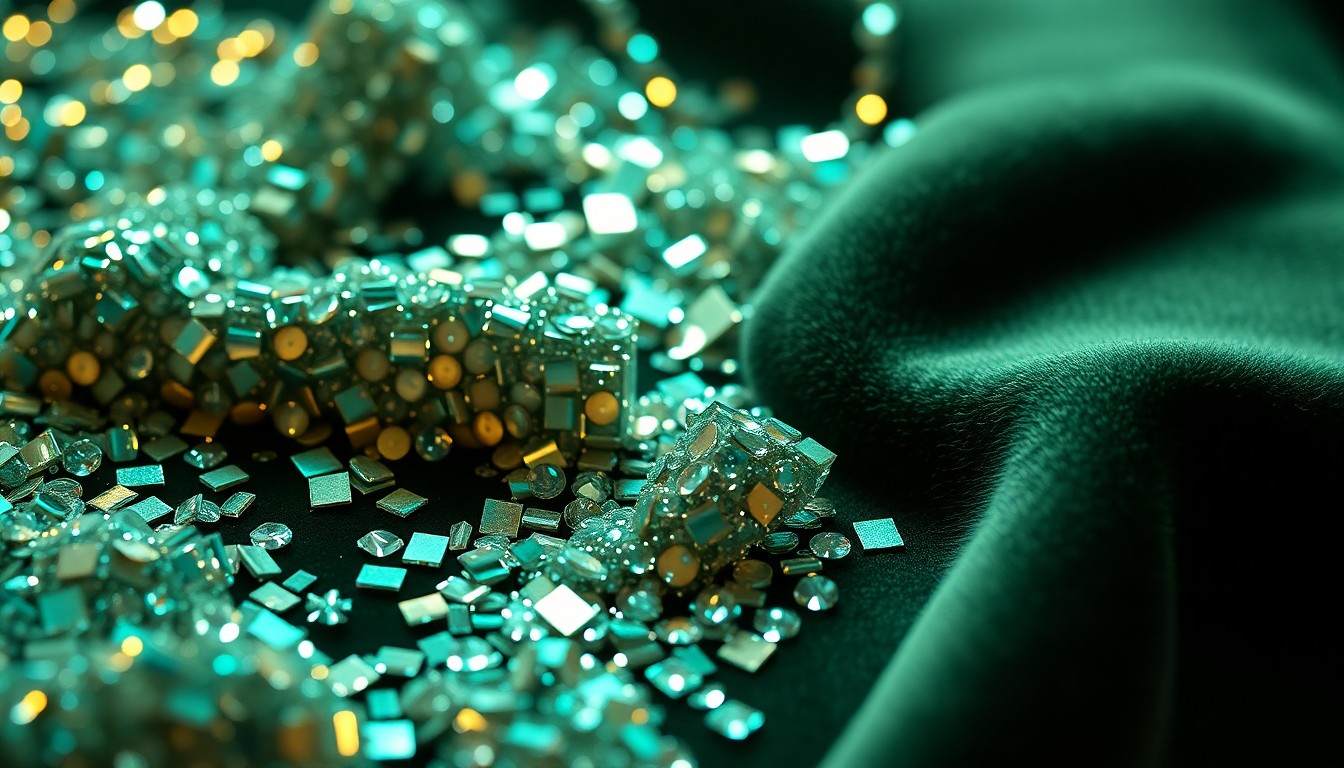 An extreme close-up photograph of shimmering, high-contrast sequins or velvet textures, capturing the glamour and luxury associated with Coachella's brand activations.