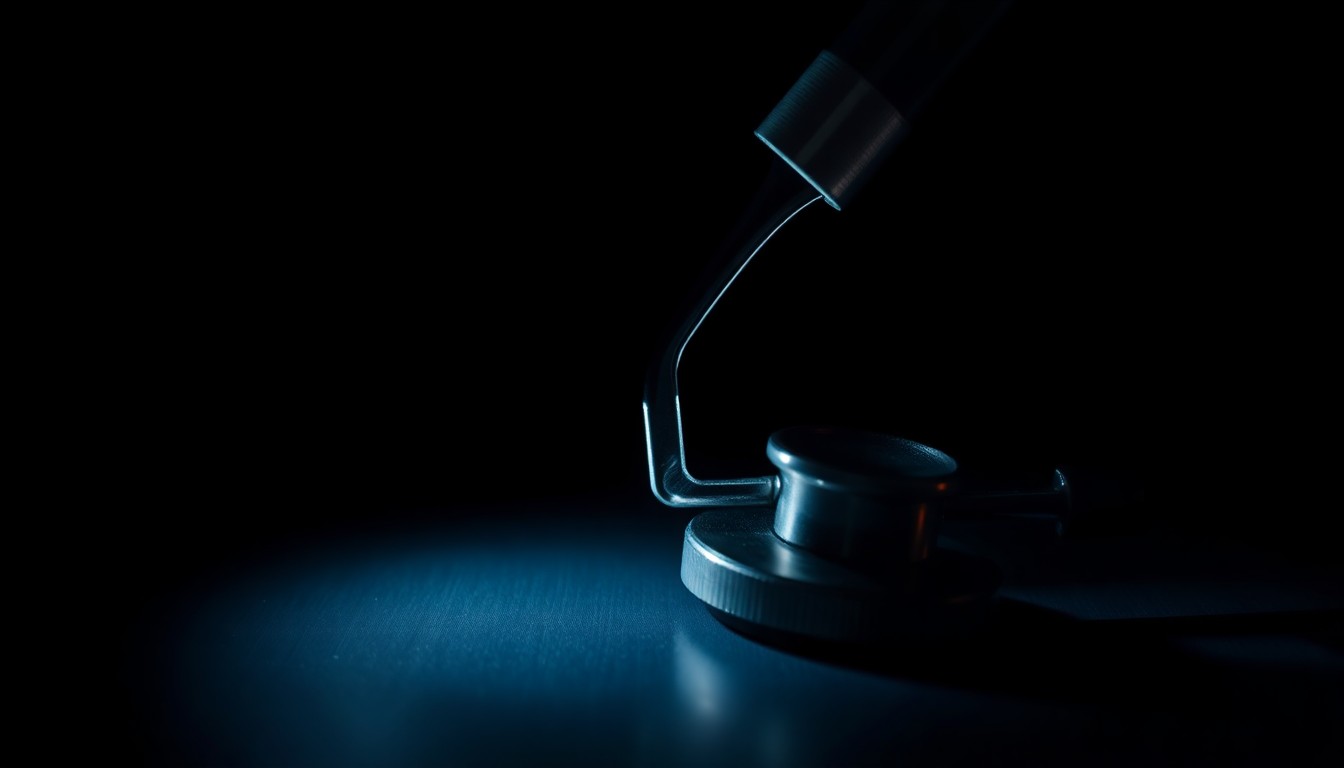 An extreme close-up of a medical examination tool, such as a speculum or stethoscope, sharply illuminated by a direct camera flash against a pitch-black background, creating a stark, gritty, and investigative aesthetic.