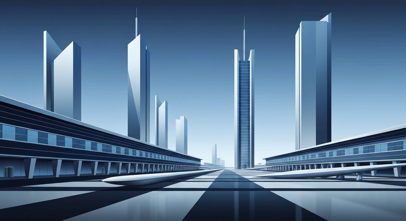A highly stylized, geometric illustration depicting the sweeping, monumental scale of an airport expansion project, with towering architectural forms and smooth, airbrushed gradients in shades of blue, grey, and silver, conceptually representing the modernization of the terminal and facilities.
