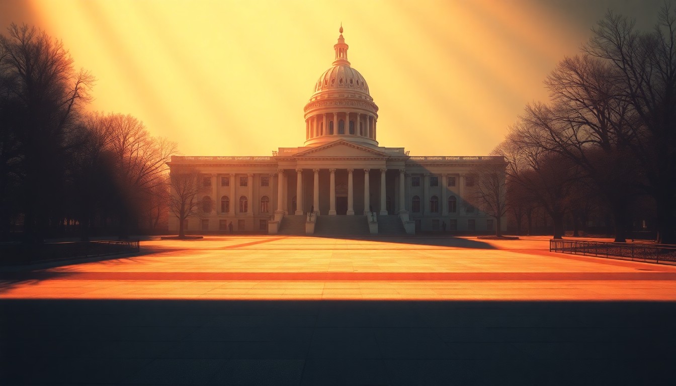 A photorealistic painting of the Tennessee State Capitol building, its grand architecture and columns rendered in warm, muted tones with dramatic lighting and shadows, conveying a sense of political gravity and importance.