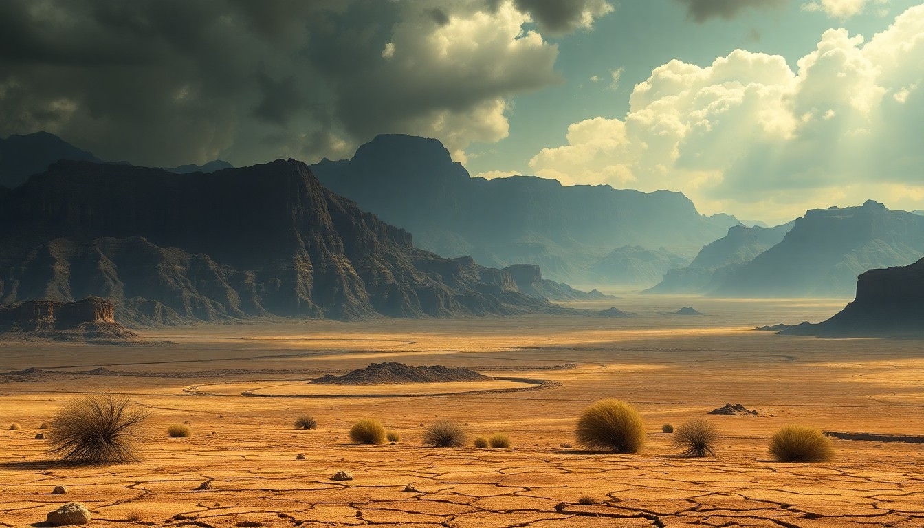 A sweeping, atmospheric landscape painting depicting the vast, parched expanse of the Arizona desert under a dramatic, hazy sky, conveying the overwhelming scale and severity of the ongoing drought.