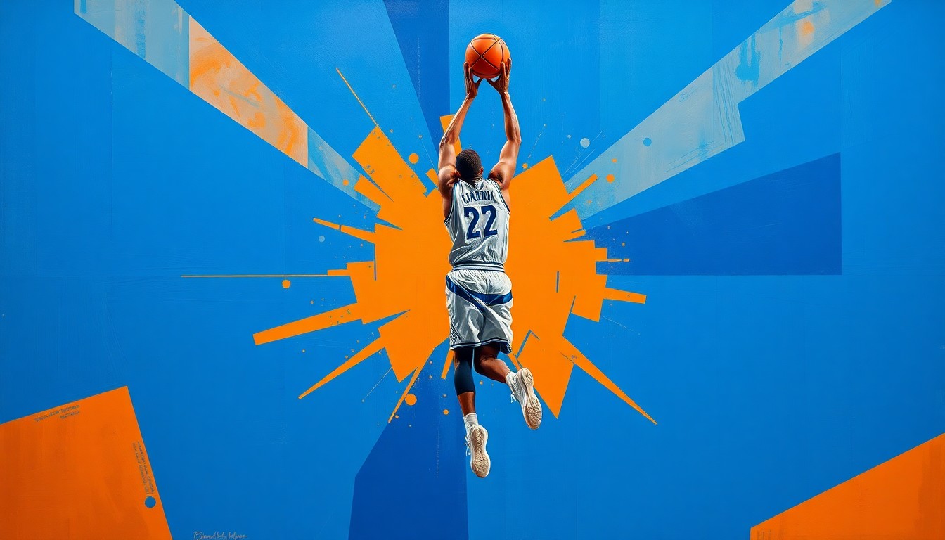A fractured, cubist-style painting depicting the geometric shapes and planes of a basketball player's jump shot, rendered in a palette of royal blue, bright orange, and metallic silver to capture the dynamic energy of the sport.