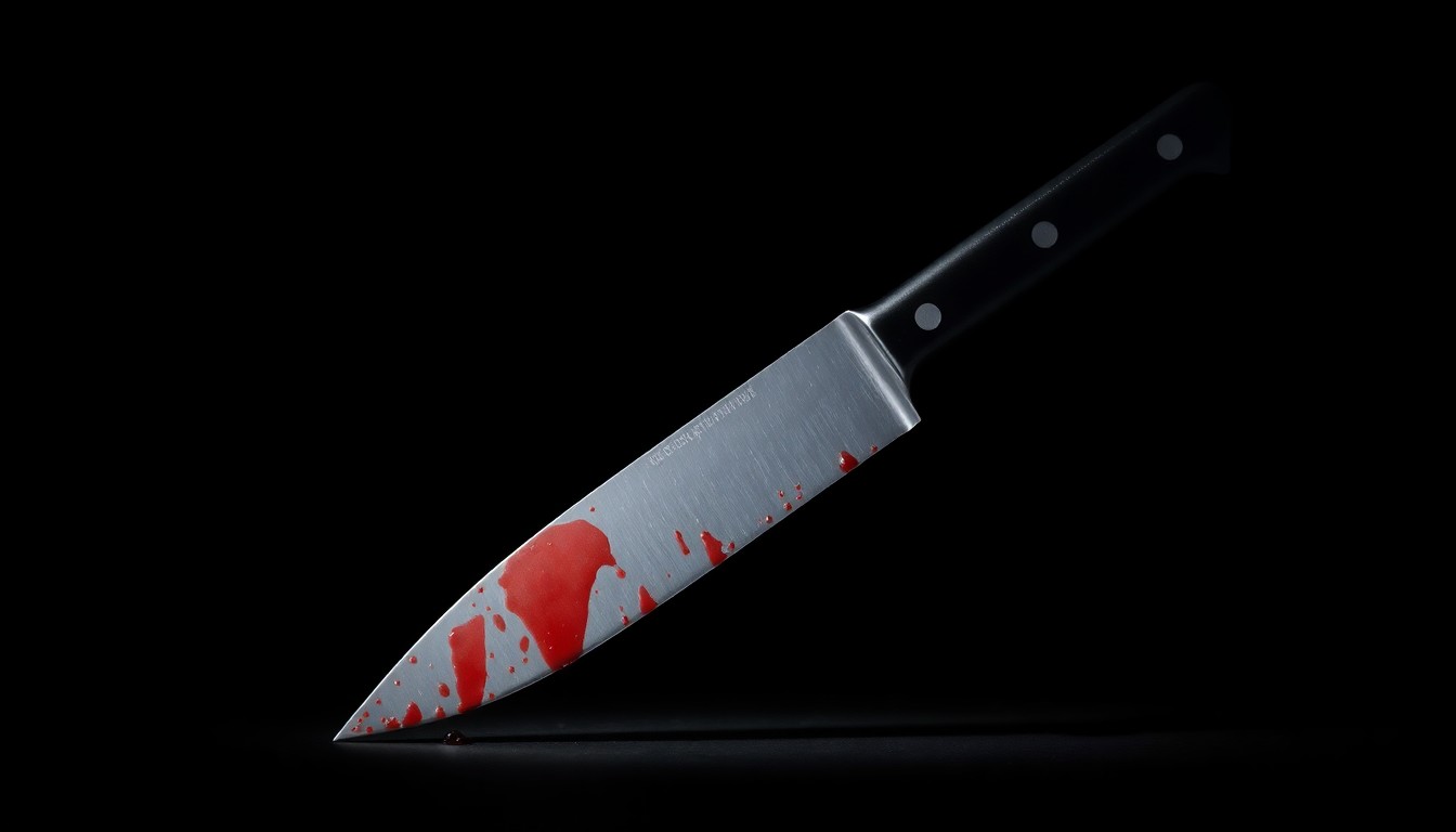 An extreme close-up photograph of a single bloody knife blade against a pitch-black background, creating a stark, gritty, investigative aesthetic.