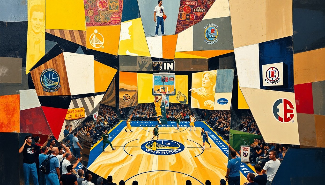 A cubist, geometric painting depicting a basketball game, with players and the court fragmented into sharp, overlapping shapes and planes in a vibrant color palette, conveying the intensity and drama of the game's conclusion.