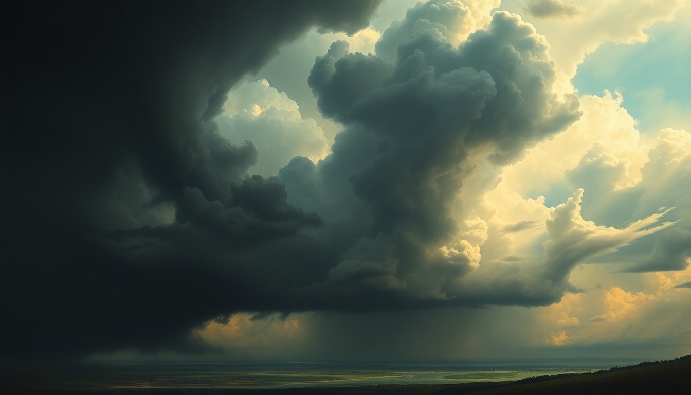 A vast, atmospheric landscape painting depicting a severe thunderstorm, with dark, ominous clouds filling the sky and dwarfing any physical structures or objects in the foreground. The scene conveys the overwhelming, sublime scale of the impending storm through the use of dramatic backlighting and deep perspective.