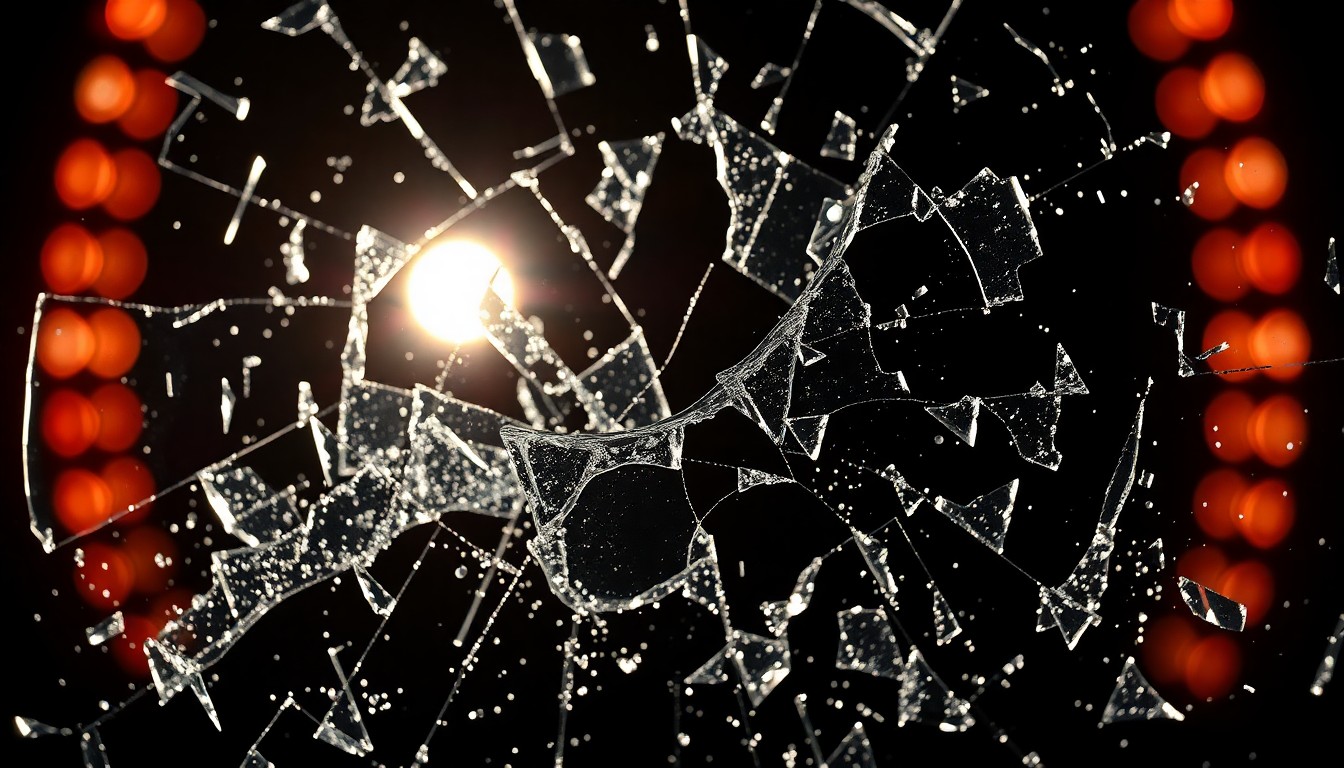 An extreme close-up of shattered glass reflecting dramatic studio lighting, conceptually representing the complex emotions and experiences of a performer's life.