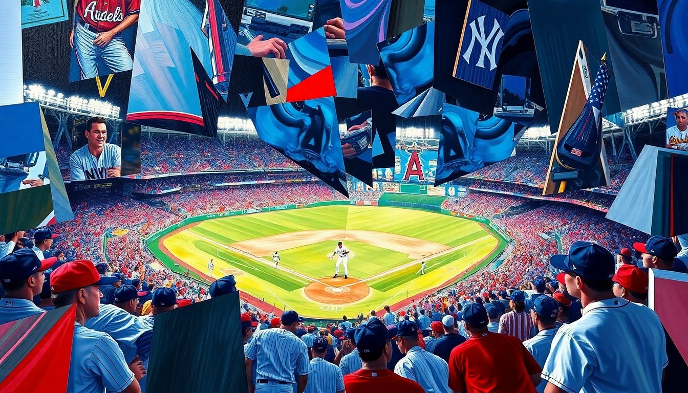 A cubist-style painting depicting the final moments of the Yankees-Angels game, with fragmented geometric shapes and planes in the team's colors representing the intense action on the field.