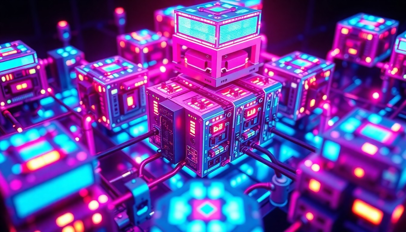 A highly detailed, glowing 3D macro illustration of a modular, interconnected network of futuristic satellite hardware components in shades of neon cyan, magenta, and electric blue, conceptually representing the distributed, space-based data center infrastructure of the future.