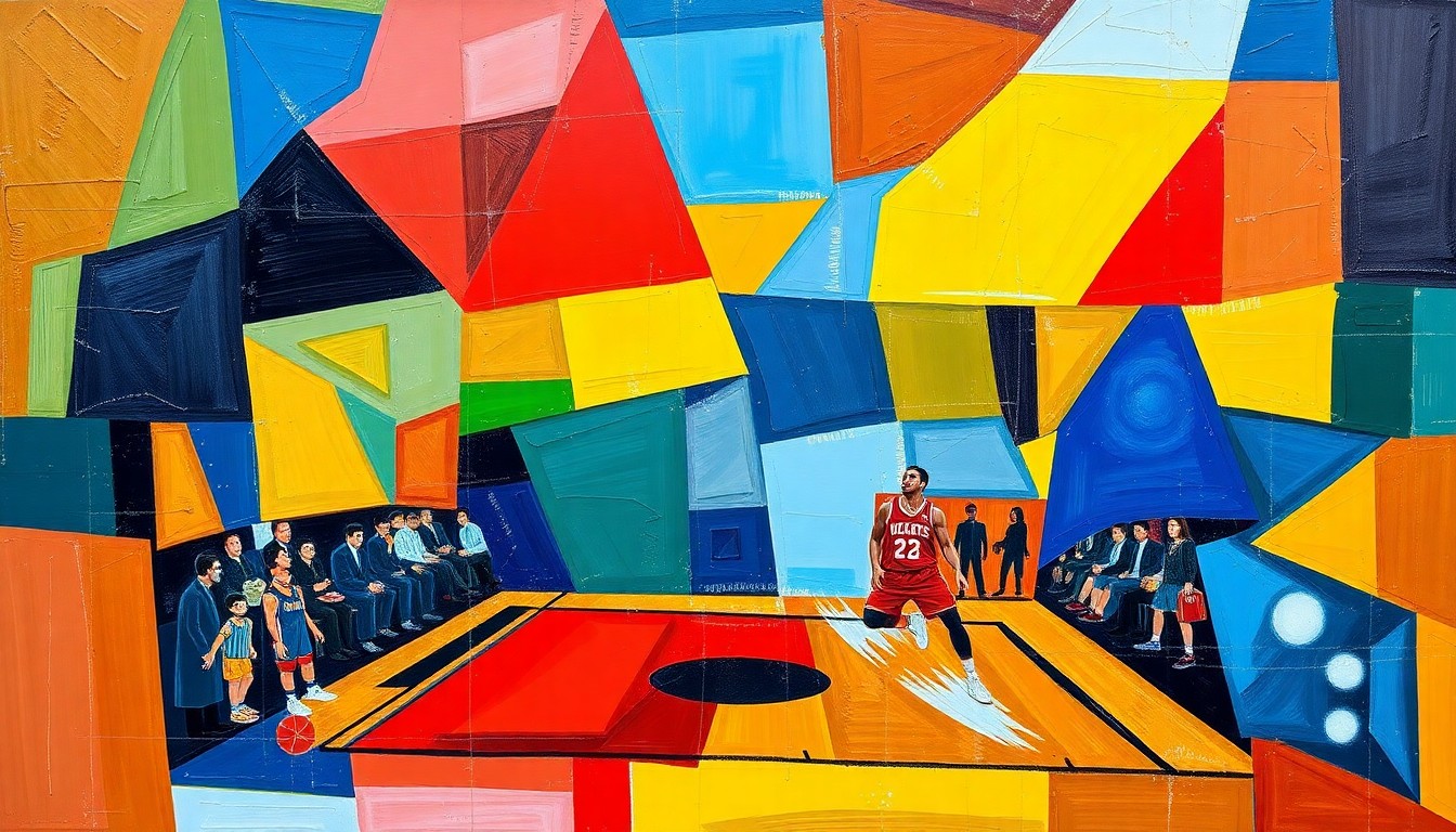 A fragmented, cubist-style painting depicting a basketball game, with sharp geometric shapes in the team colors of the Golden State Warriors and Los Angeles Clippers overlapping and intersecting to create a dynamic, abstract visual representation of the game action.