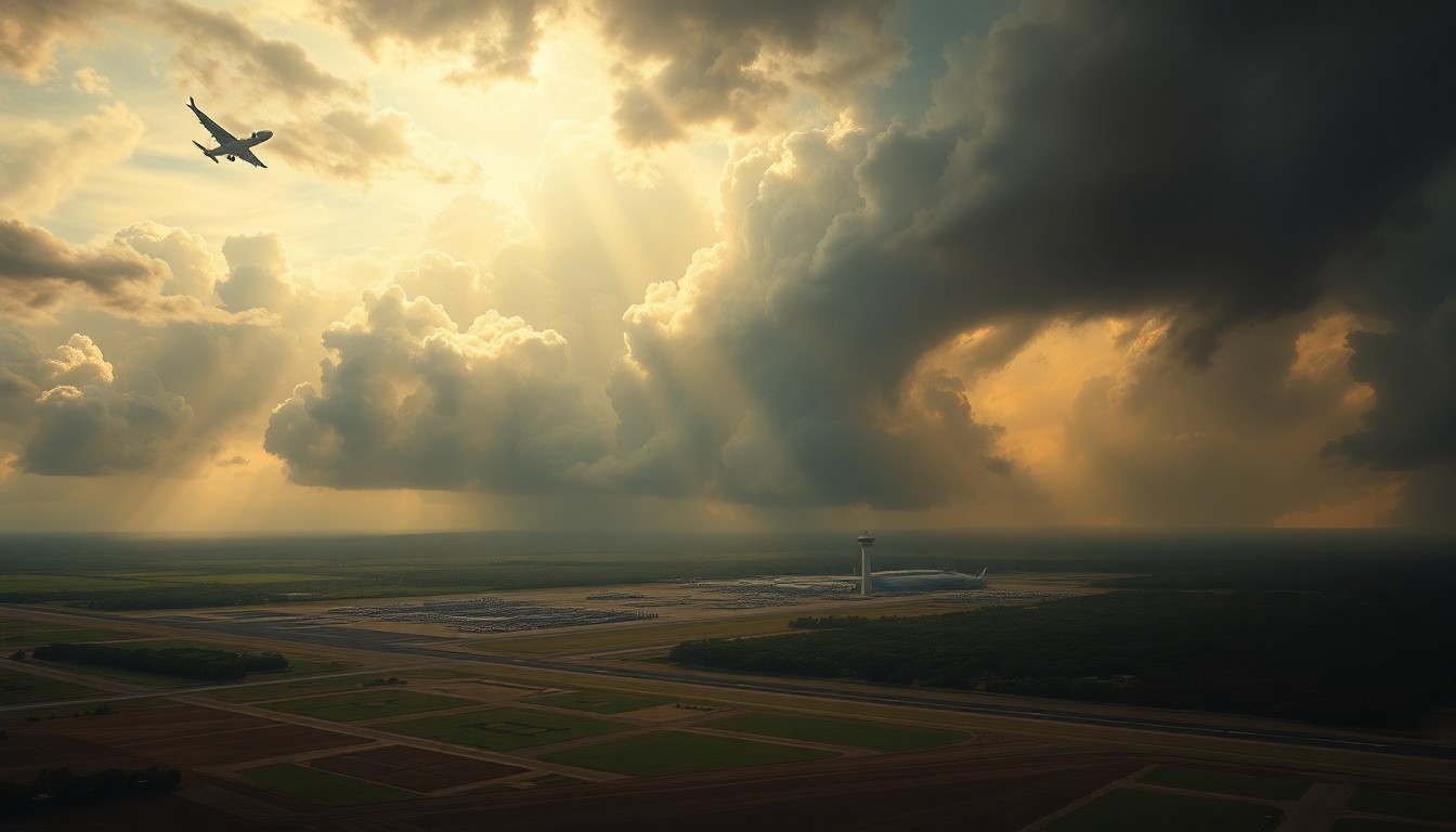 A sweeping, atmospheric landscape painting in muted tones of gray, blue, and gold, depicting the Waco Regional Airport as a small, insignificant structure dwarfed by the vast, stormy sky above, conveying the scale and power of the natural environment in contrast with the human-made infrastructure below.