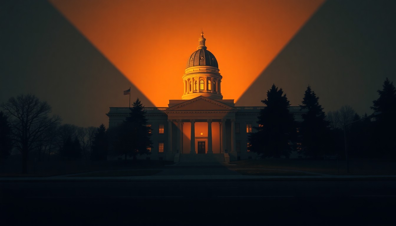 A serene, painterly image of an Oregon state capitol building in soft, warm light, conveying a sense of political contemplation and civic duty.