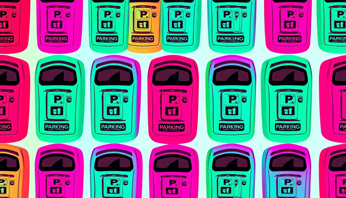 A bold, colorful silkscreen-style illustration featuring a grid of stylized parking meters in vibrant neon shades, conceptually representing the debate over parking minimums in Boston.