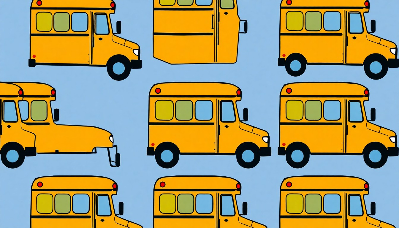A bold, colorful silkscreen-style illustration featuring a repeating icon of a school bus in a grid pattern, representing the community's desire to upgrade the district's transportation and infrastructure.