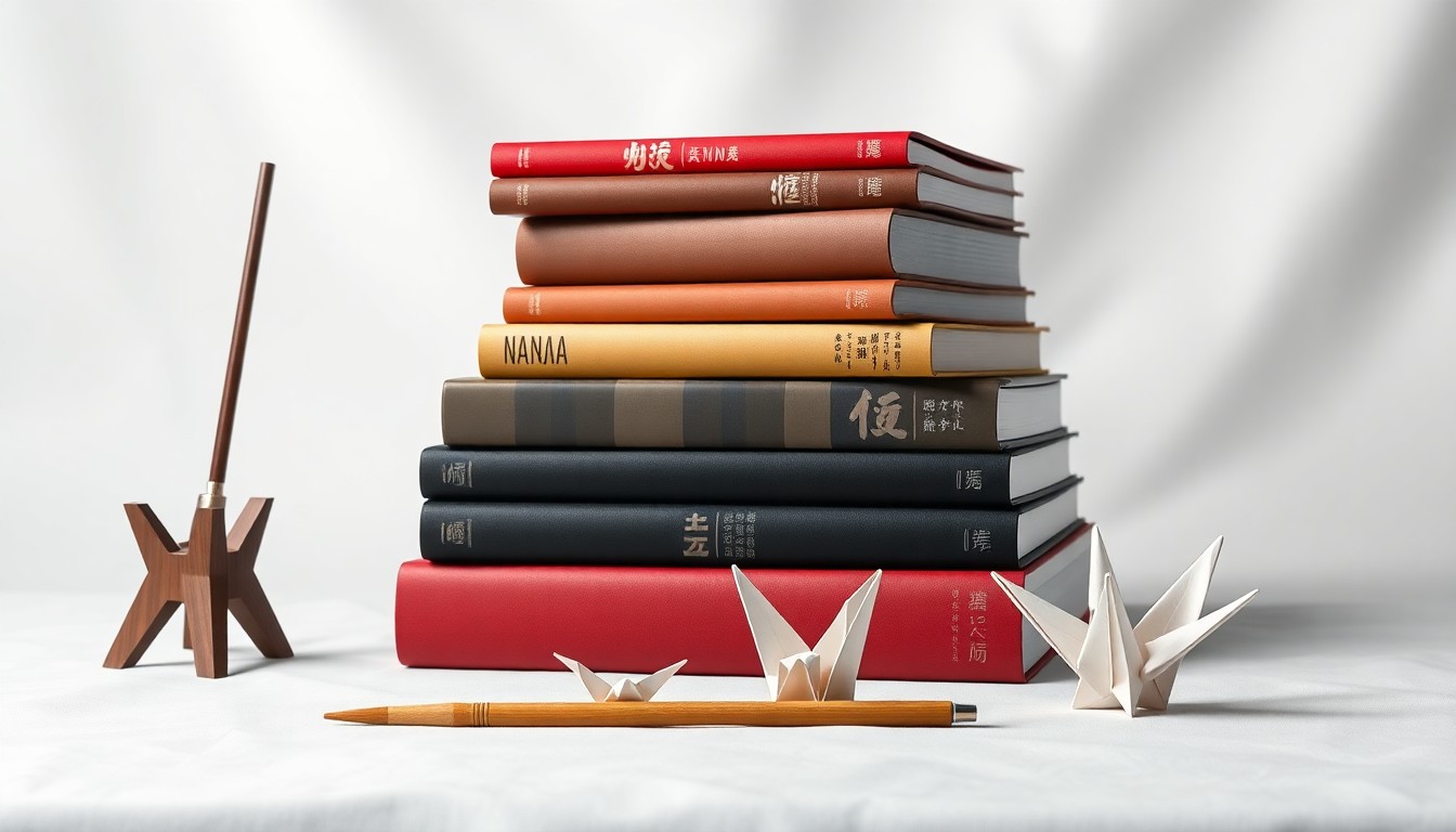 A high-end, photorealistic studio still-life photograph featuring a stack of manga volumes, a Japanese calligraphy brush, and a small origami crane, all arranged elegantly on a clean, white seamless background, conceptually representing TOKYOPOP's legacy of bringing Japanese storytelling to a global audience.