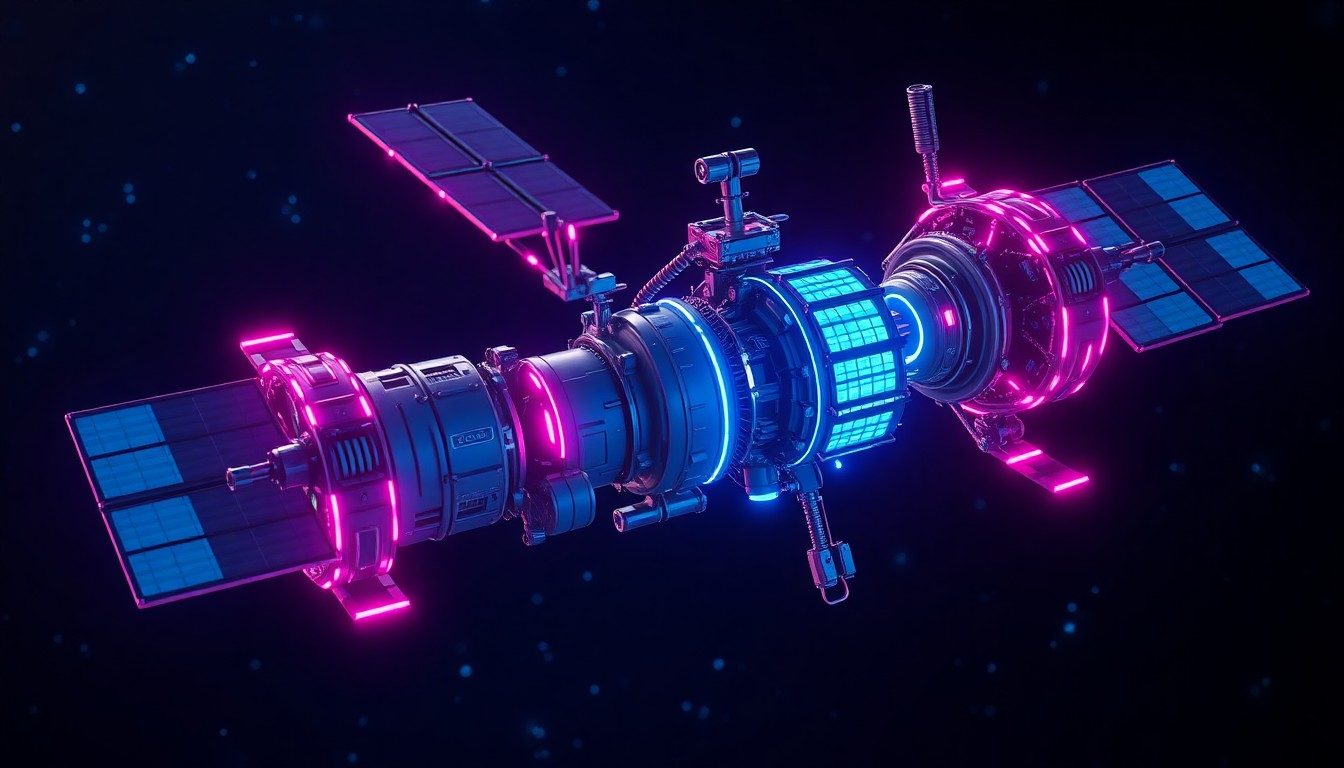 A highly detailed 3D illustration of a complex, glowing satellite network in orbit, with pulsing neon blue and magenta lights illuminating the futuristic hardware and digital infrastructure, conceptually representing the advanced technology powering the Space Force's acquisition modernization.