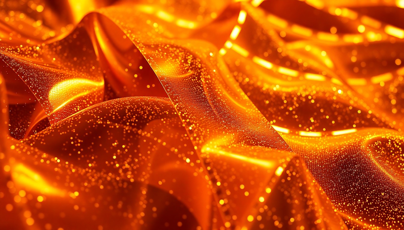 An abstract, high-contrast close-up photograph of shiny, golden film stock, capturing the luxurious textures and dramatic lighting of the movie industry.