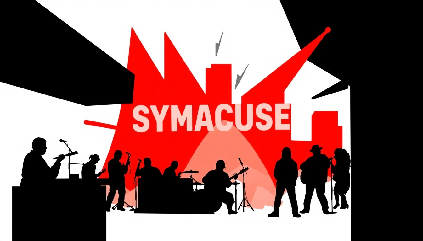 A dynamic, abstract illustration featuring bold, geometric shapes and high-contrast colors, capturing the energy and diversity of the Syracuse music and nightlife scene.