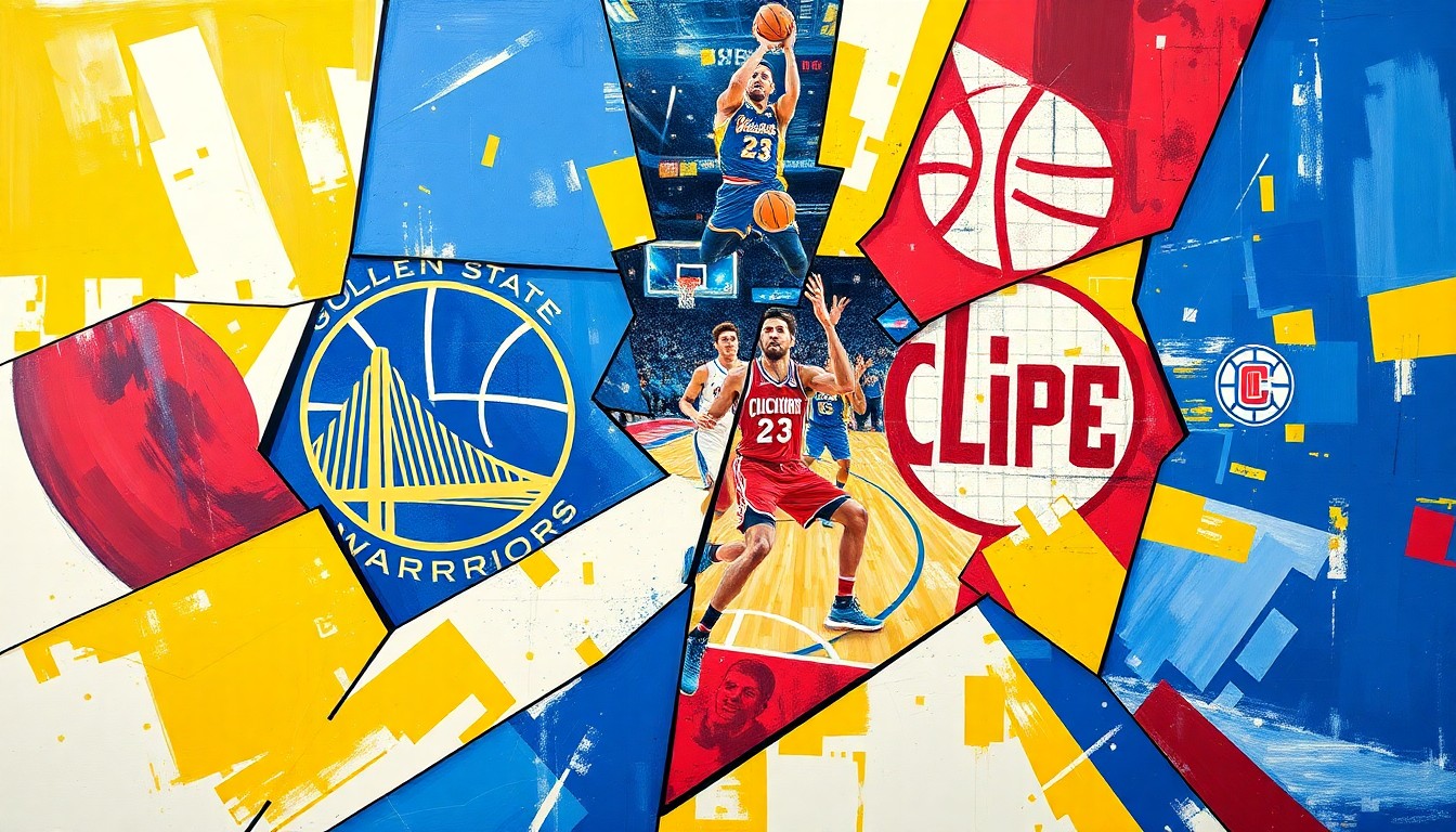 A fractured, cubist-style painting depicting a basketball game, with the players and court broken down into sharp, overlapping geometric shapes in the Warriors' blue and gold, and the Clippers' red and white colors, creating a dynamic and energetic visual representation of the intense matchup.