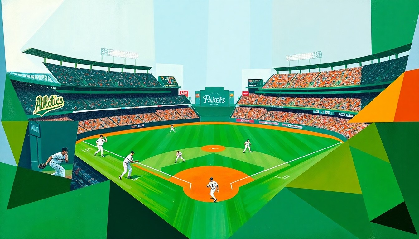 A fragmented, cubist-style painting depicting a baseball game between the Oakland Athletics and Texas Rangers. The players and field are represented as abstracted, angular shapes in a vibrant color palette, creating a dynamic and energetic visual representation of the game.